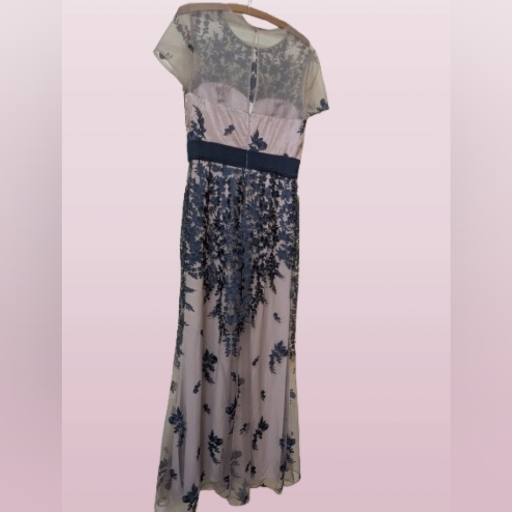 JS Collections Blush Pink and Navy Embroidered Lace Evening Gown - Picture 7 of 10